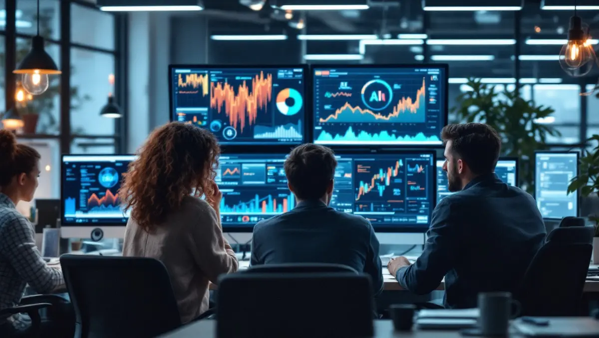 Uk office workers collaborating ai graphs data technology teamwork