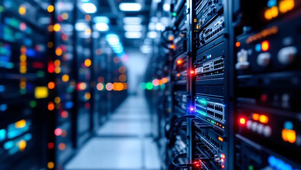 Modern server room organized network equipment switches routers cables blinking lights emea