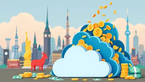 Illustration stack cloud icons overflowing coins bills global landmarks symbolizing cloud storage costs