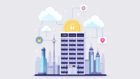 Modern london data center surrounded by digital cloud icons secure data storage