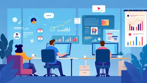 Busy australian marketing office people computers charts video content icons