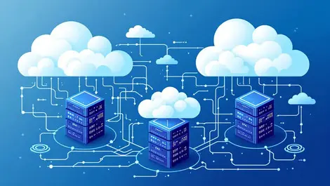 Detailed illustration interconnected data centers clouds seamless data flows