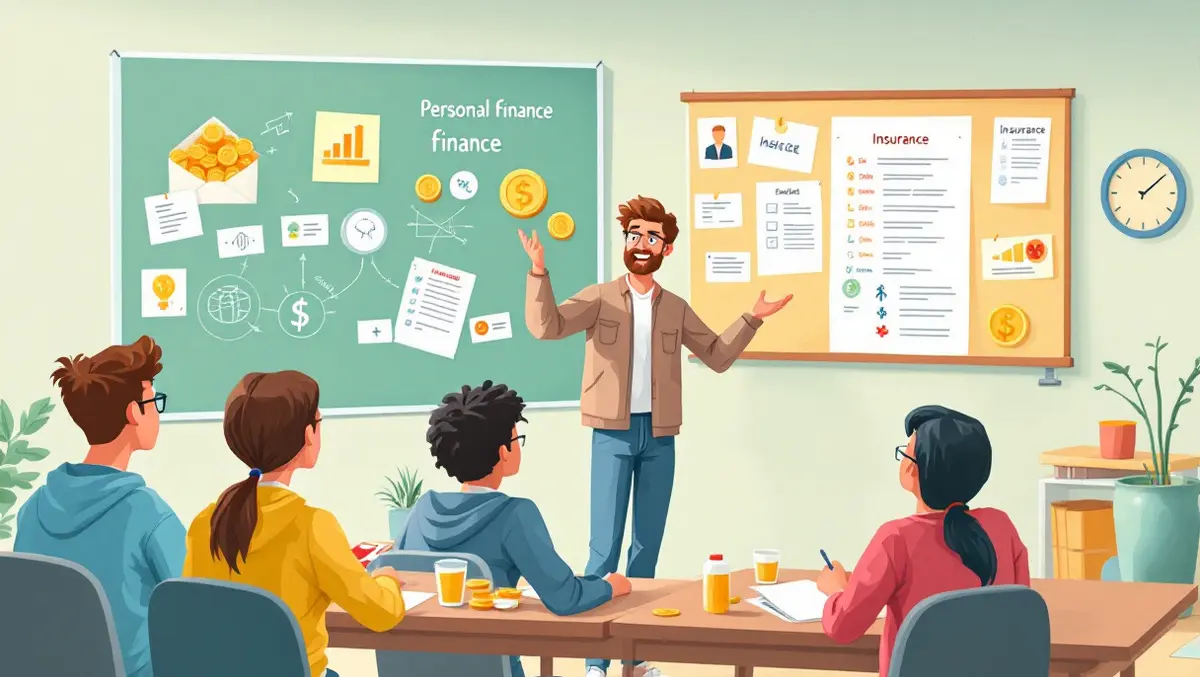 Uk classroom teenagers learning personal finance with coins insurance icons