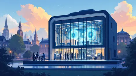 Oxford high tech laboratory quantum computing scientists collaborating cityscape