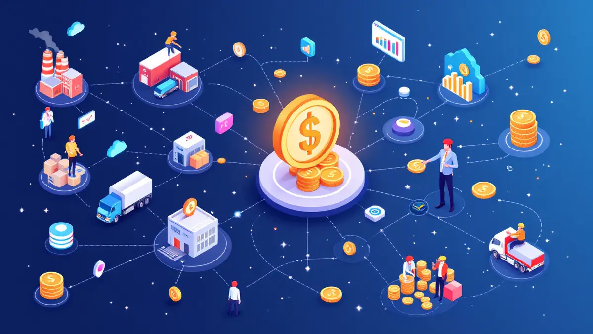 Interconnected supply chain financial workforce factories trucks coins charts office workers data integration