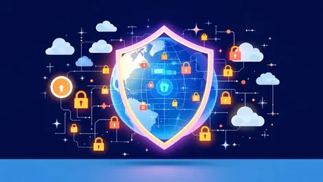 Digital globe protected by locks data streams server cloud icons global data security