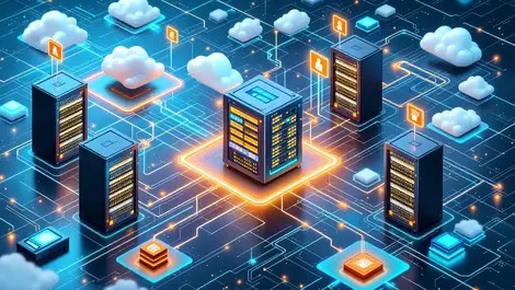 Modern data servers storage devices interconnected secure cloud tech center