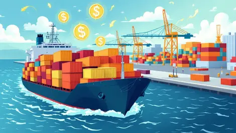 Realistic cargo ship containers port cranes dollar signs rising tariffs trading challenges