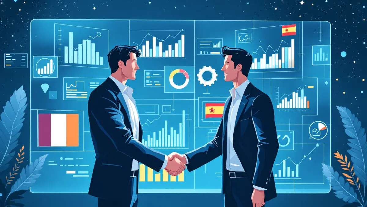 Business people handshake digital interfaces charts france spain acquisition