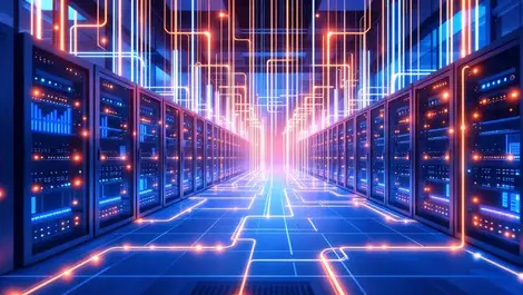 Modern data center network cables server racks glowing connections bologna style