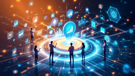 Digital illustration marketers glowing network interface charts campaigns ai automation