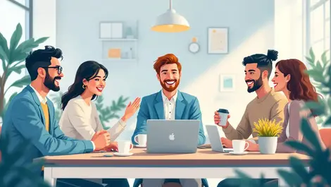 Joyful employees collaborating modern office table multiethnic team