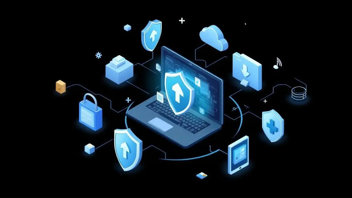 Computer with protective shields and update icons symbolizing data protection