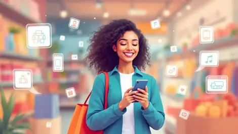 Smiling shopper holding smartphone shopping bags personalized product icons modern retail store