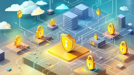 Detailed illustration secure computer network locked shields digital connections data streams strong defense cyber threats