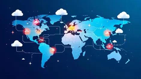 Global cloud servers network data streams linking london melbourne sydney frankfurt mumbai tokyo osaka