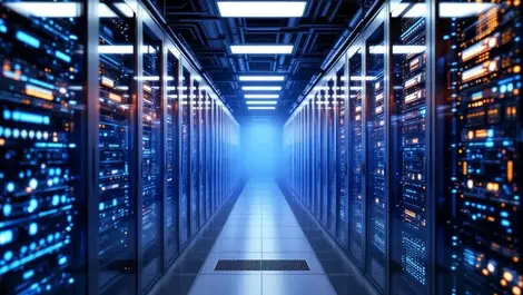 Modern data centre aisle liquid cooled server racks powerful gpus cooling pipes