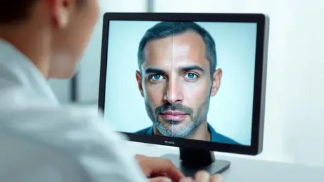 Person examining computer screen split image real human face vs digital manipulation