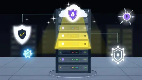 Server room with vulnerable server racks and digital shield security icons