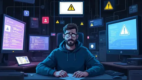 Worried it professional uk financial institution surrounded by outdated servers and warning screens emphasizing technology risks