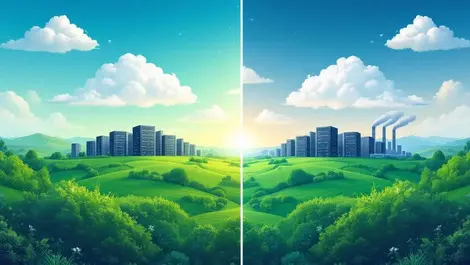 Cloud servers environmental impact clean air vs pollution lush green landscape