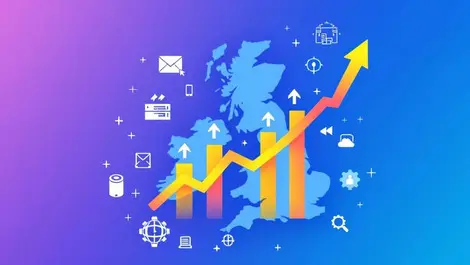 Uk technology services sector growth upward arrows bar charts network icons
