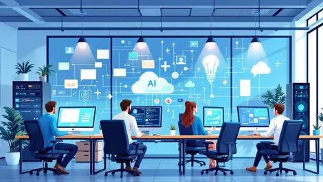 Modern uk office workspace people collaborating computers servers cloud