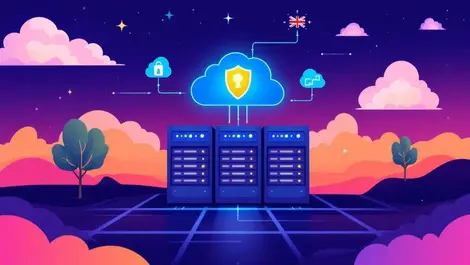 Secure data center server racks digital cloud icons shield australian landscape
