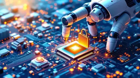 Robotic arm assembling microchip on circuit board abstract ai digital elements