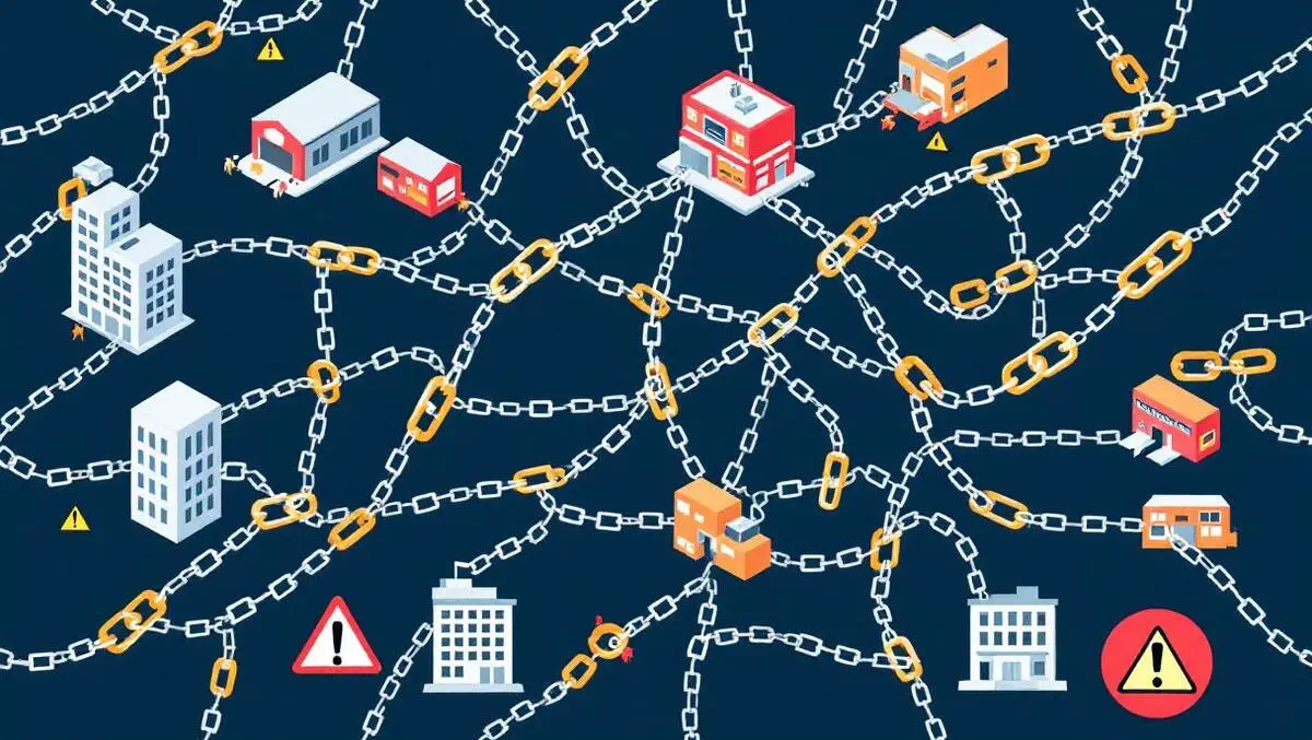 Tangled supply chain chains connecting office buildings warehouses warning symbols