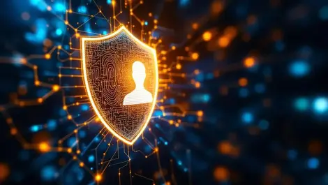 Realistic illustration shield digital network lines protecting human silhouettes biometric cybersecurity