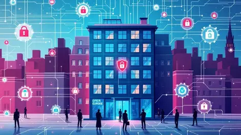 Modern editorial illustration european office building cybersecurity threats