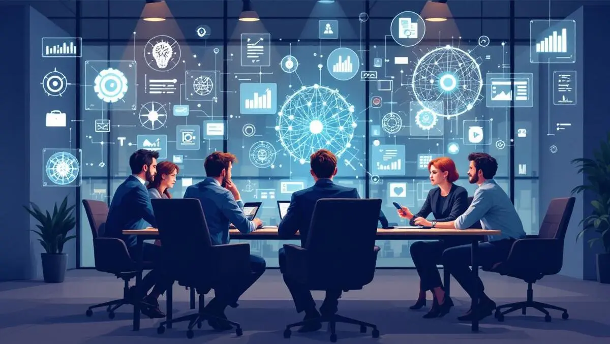 Uk business leaders collaborating around table with ai graphs modern office