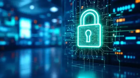 Secure server room digital padlock cybersecurity protection glowing outlines