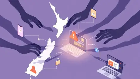 New zealand map digital devices shadowy hands online scams web skimming