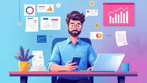 Australian sole operator desk smartphone laptop receipts invoices financial charts modern small business management digital tools