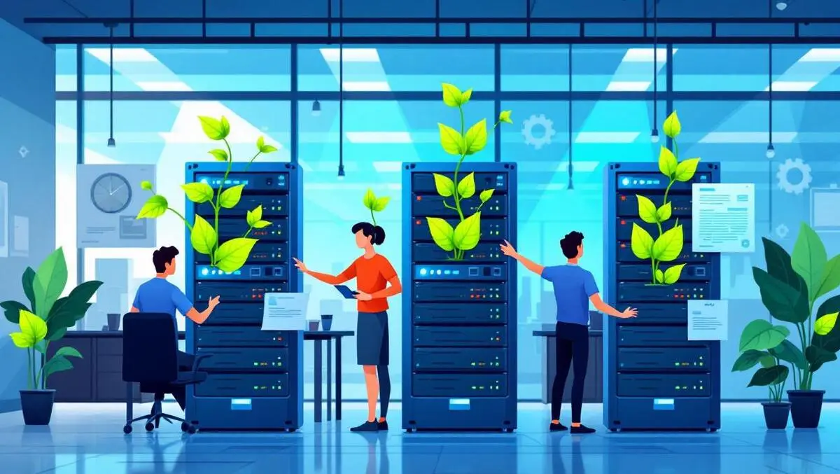 Uk it team evaluating sustainable servers with green leaves modern office