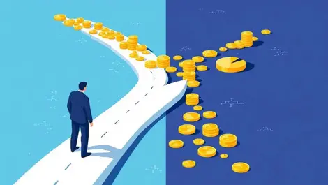 Businessperson choosing between cash coins and equity pie charts decision