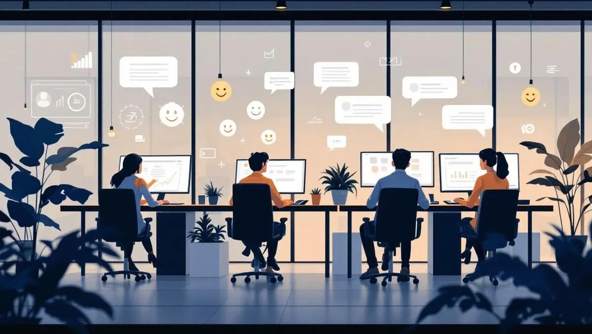 Modern uk office employees working computers digital icons feedback