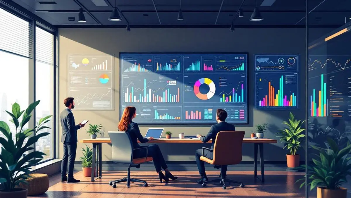Business professionals modern office analyzing colorful data charts graphs
