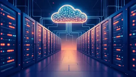 Modern data center servers network cables glowing lights digital cloud ai infrastructure