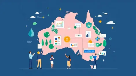 Australian business professionals analyzing climate impact data with environmental icons