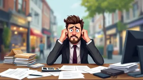 Stressed uk small business owner desk cluttered paperwork calculator loan documents british high street