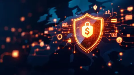 Digital shield protecting global stream of online payment icons with european map background