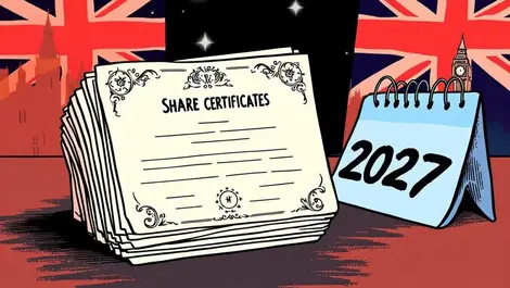 Stack old fashioned paper share certificates calendar 2027 british symbols