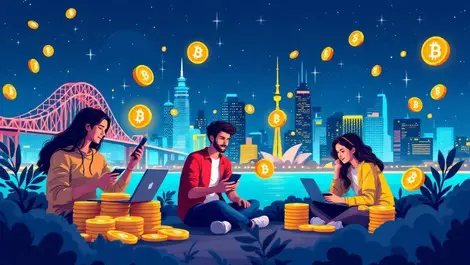 Young australians using smartphones laptops with crypto coins graphs city skyline