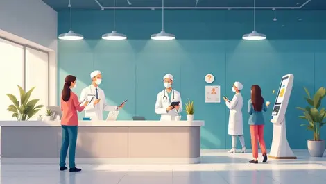 Realistic illustration medical professionals digital tablets computers modern clinic reception automated patient intake care