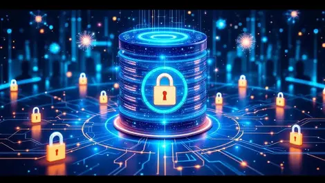 Secure data center glowing digital locks quantum particles ai technology