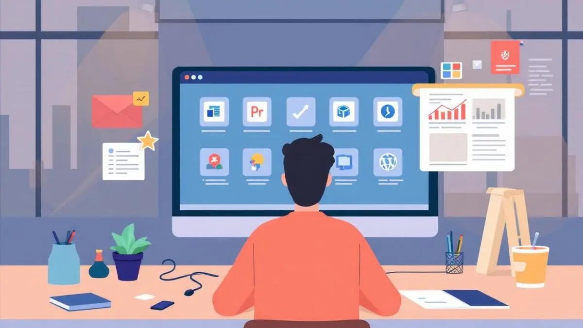 Computer dashboard person managing software icons direct control publishing