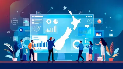 Business professionals collaborating digital dashboard new zealand map b2b management